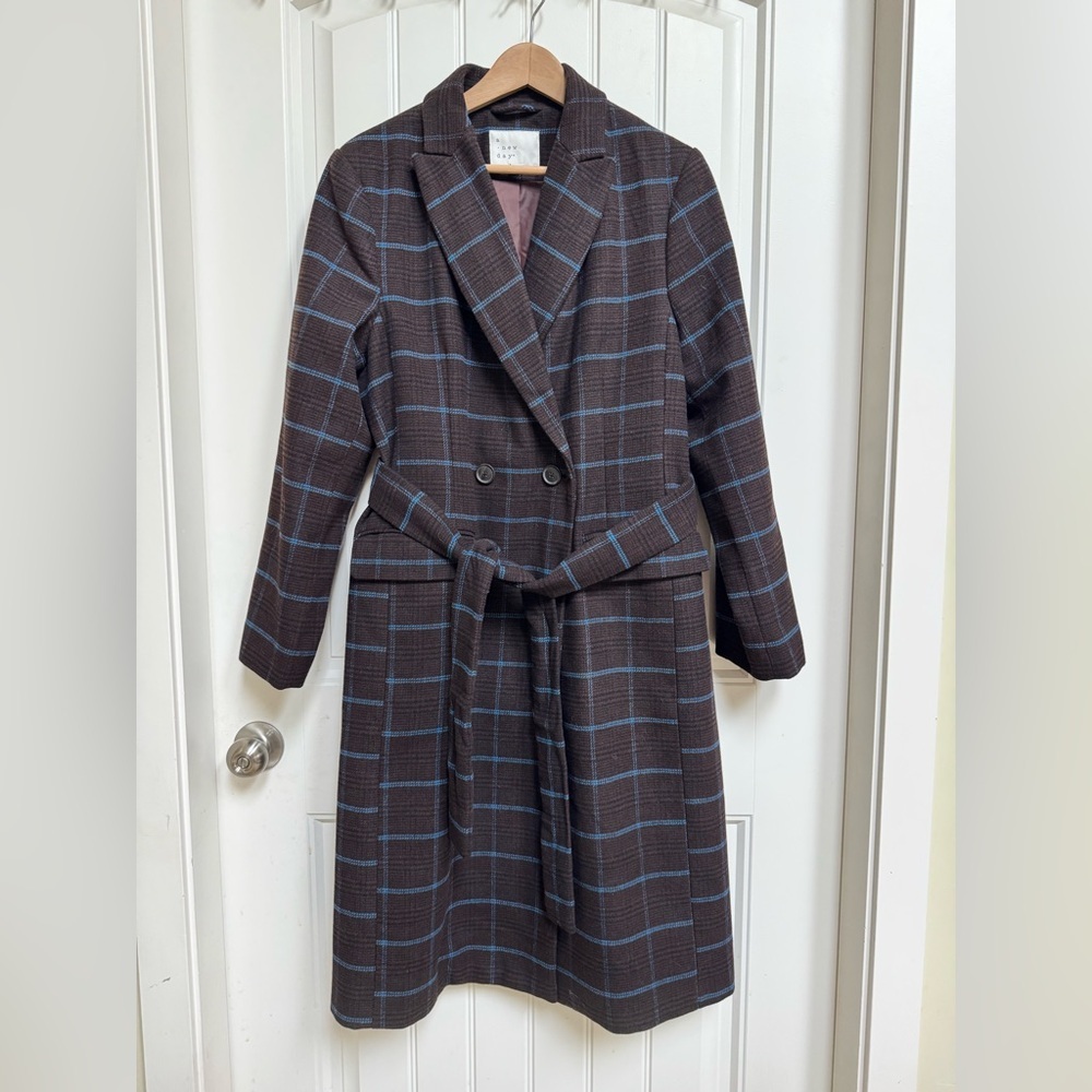 NWOT A New Day Brown and Blue Check Wool Blend Winter Coat. Size M